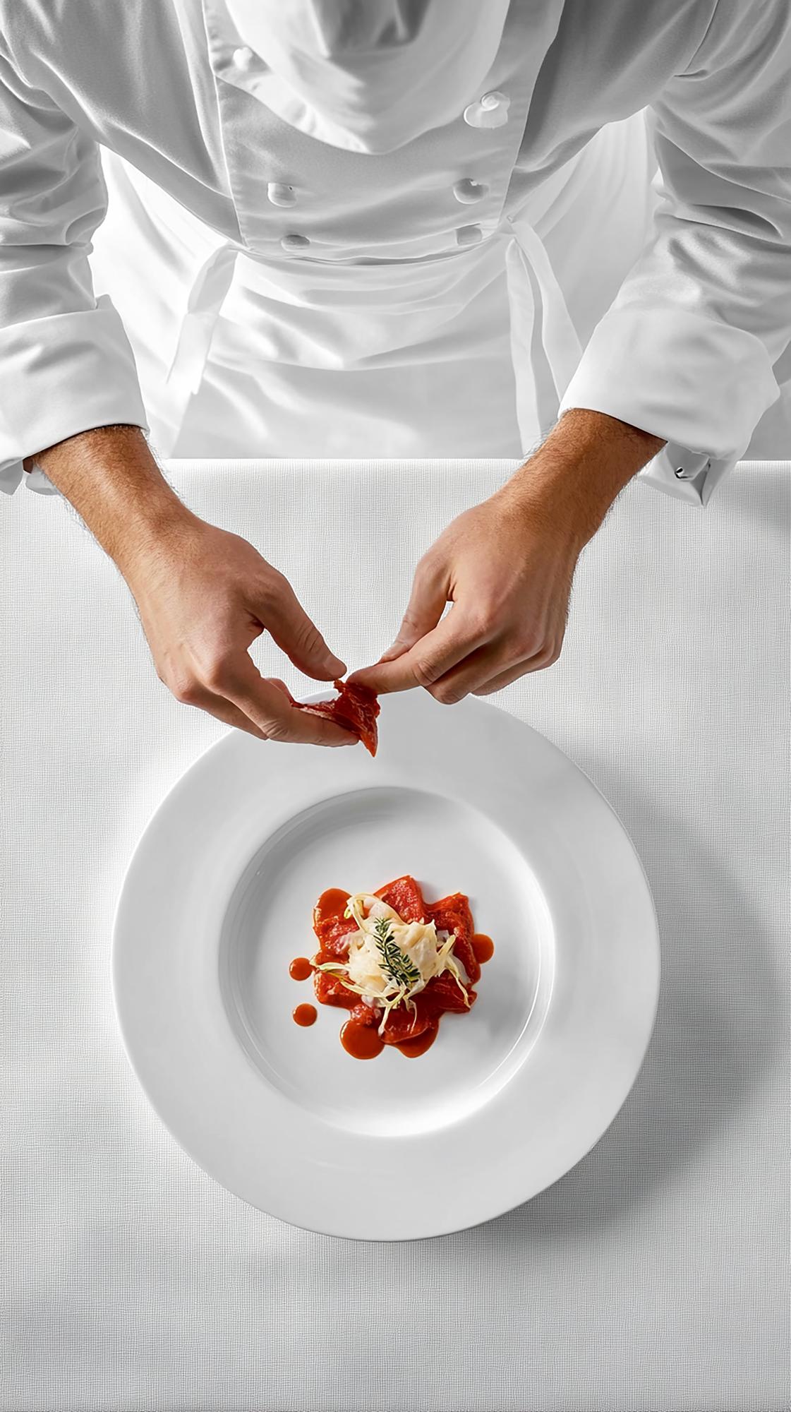 Chef demonstrating fast plating technique
